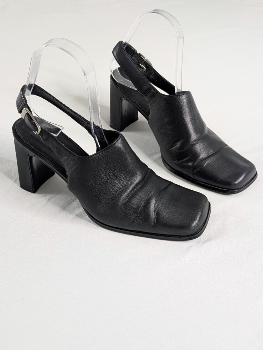 VTG Black Leather Square Toe Block Heel Ankle Strap Open Back Heeled Mules